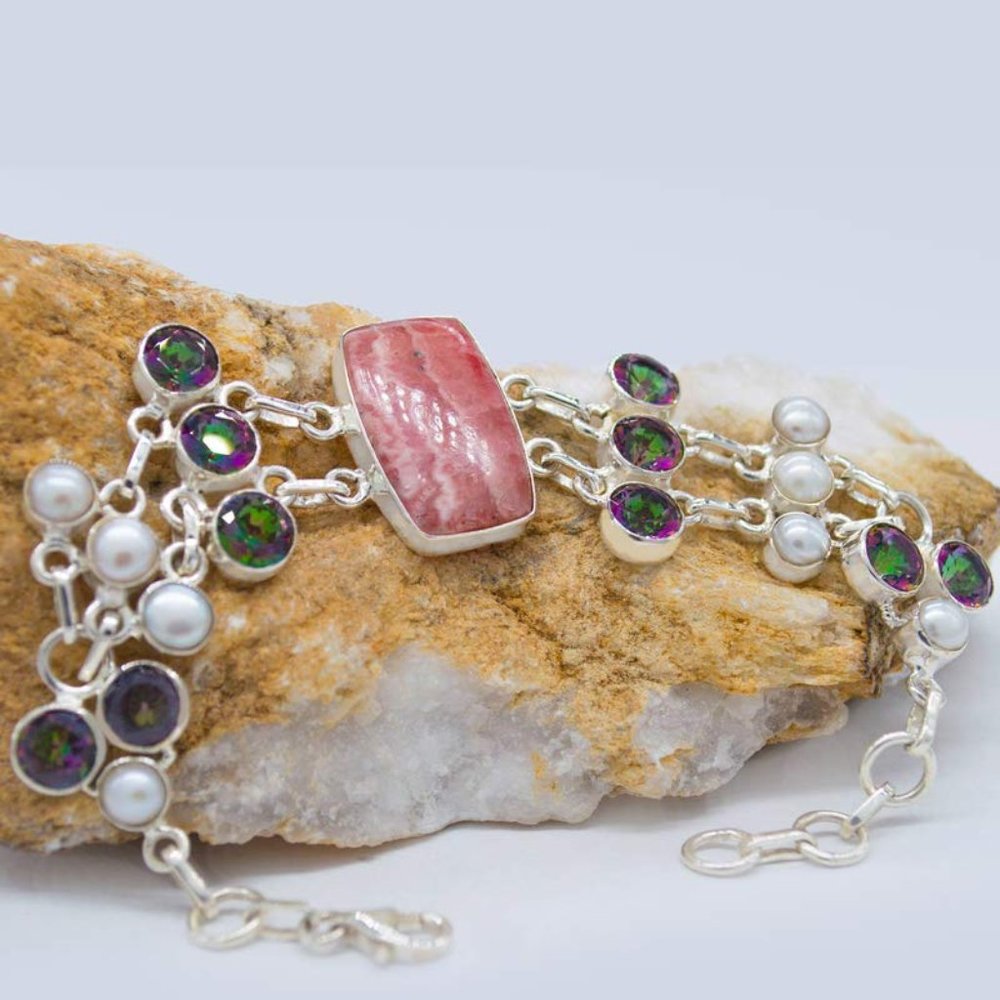 Cheerful Rhodochrosite Rainbow Topaz and Pearl Sterling Silver Bracelet